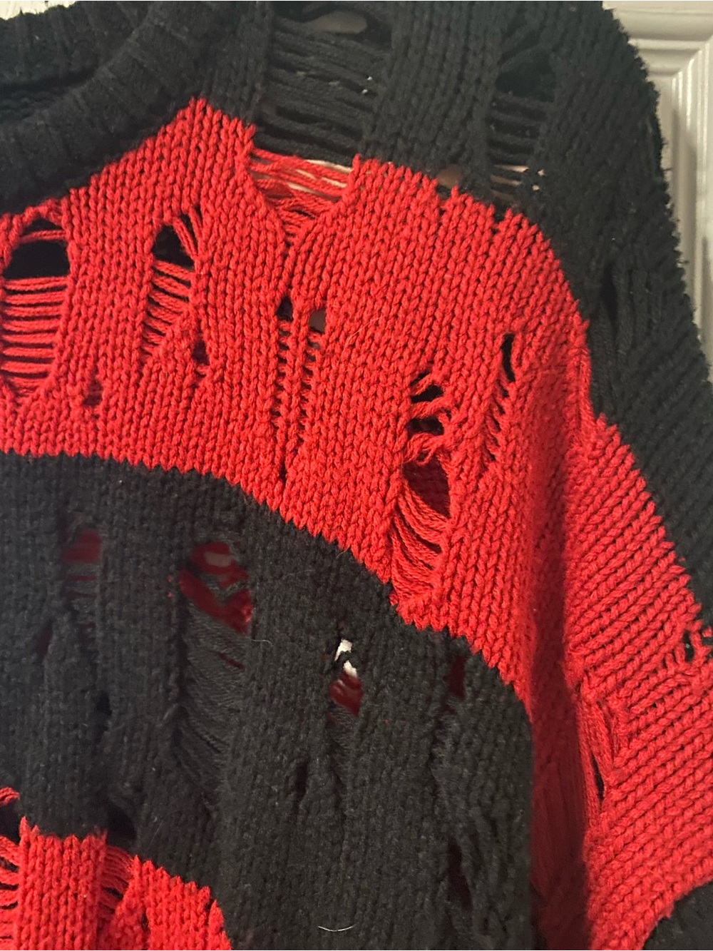 Goth Distressed Freddy Krueger Vibe Red & Black Striped Cropped Sweater - Picture 7 of 11
